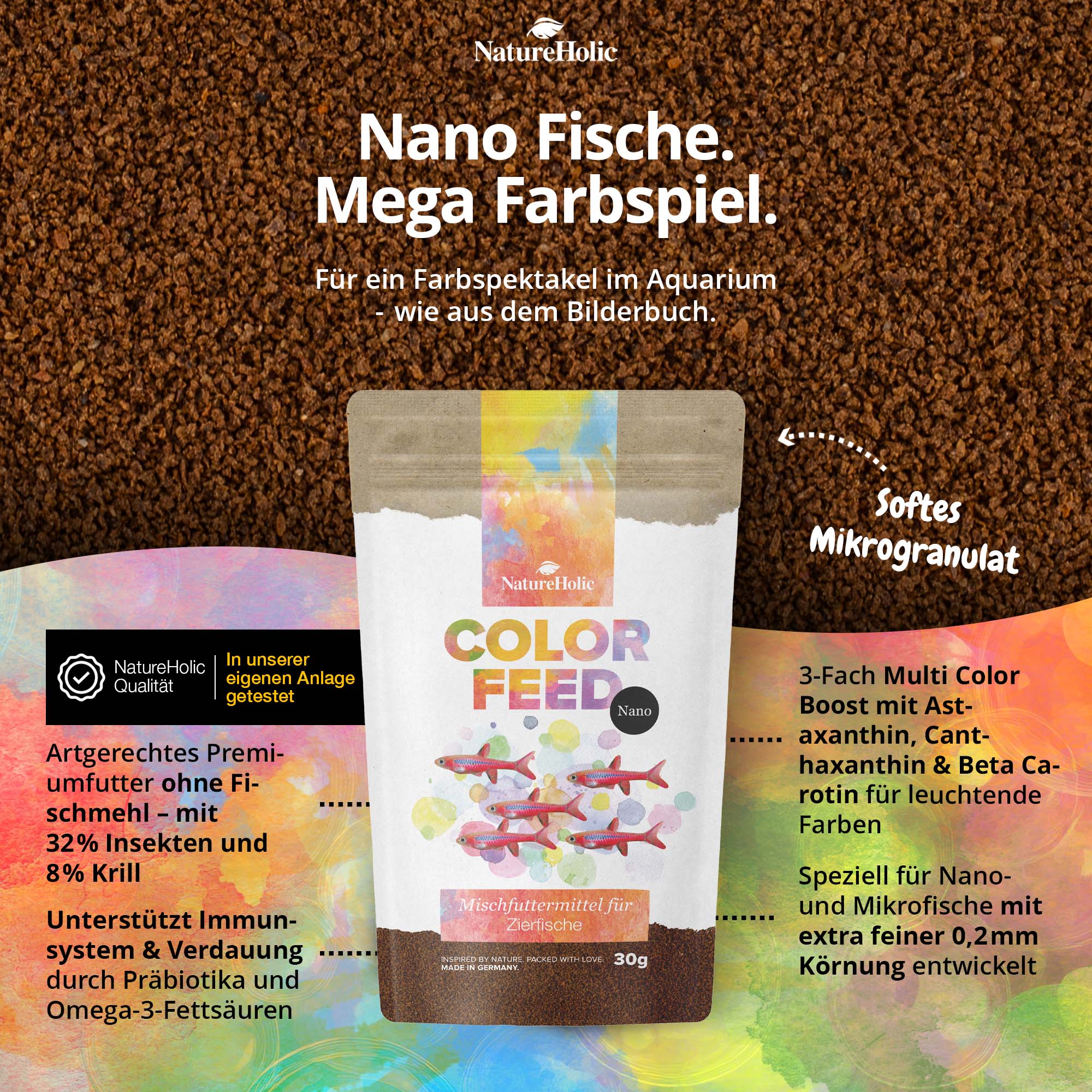 NatureHolic Color Feed Nano Packung vor buntem Hintergrund